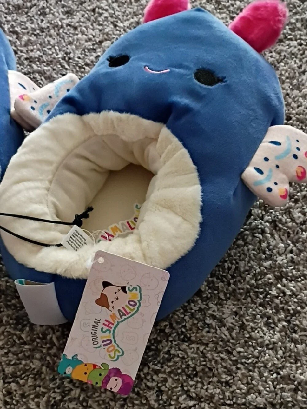 Squishmallows Blue Plush Kids Slippers with Pink Ear Accents